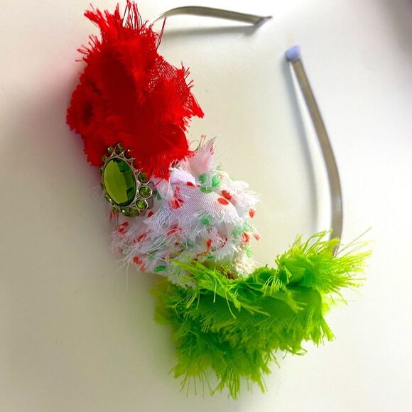 Red Green and White Boutique Christmas Frayed Rossette Headband with Rhinestone - Picture 1 of 9